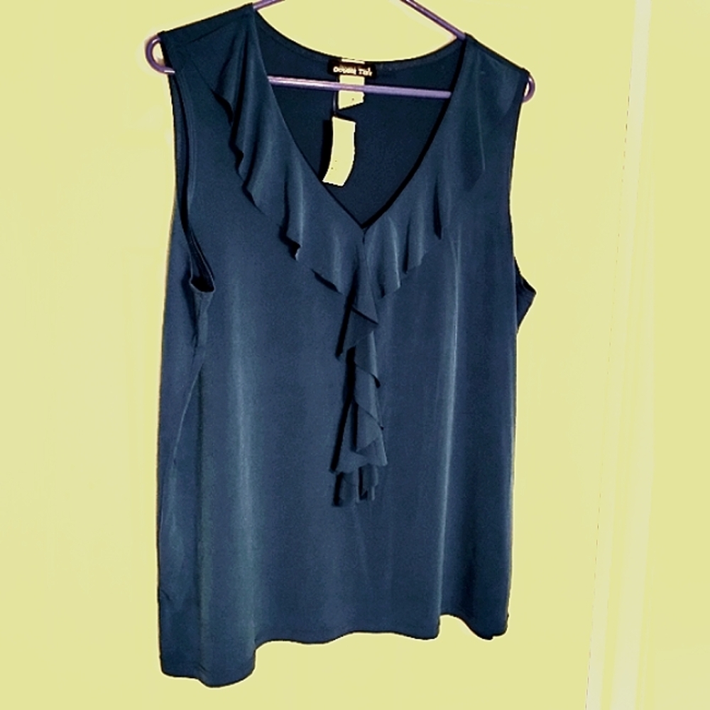 Knit Blue Ruffled Sleeveless Top 1X Double Take NWT